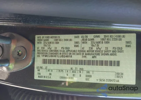 2020 Ford Escape Sel z USA, uszkodzony, nr VIN 1FMCU9H61LUB24818